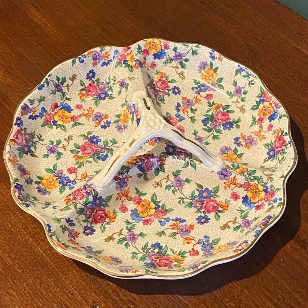 DIVIDED DISH WARWICK CHEERY CHINTZ GERMANY ERPHILA 9-1/4” trinket dish